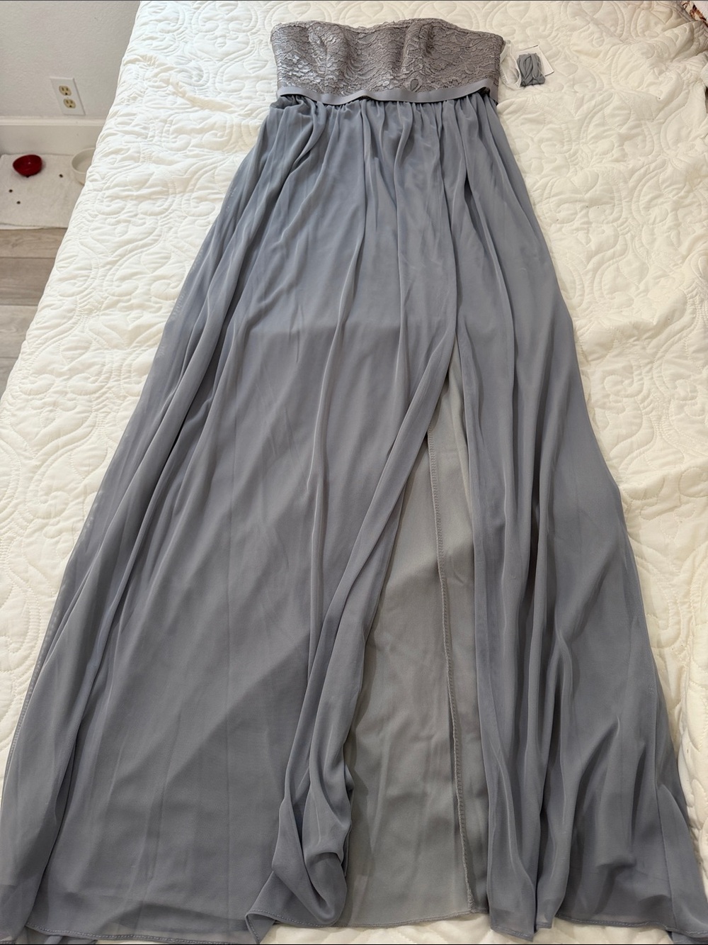 David's Bridal Strapless Silver-Grey Chiffon Prom Dress